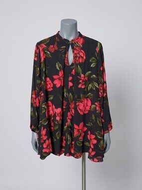 Akira Tunic Dress Black Rose Long Sleeve Key Hole Neckline‎ Party Hi Low Size L